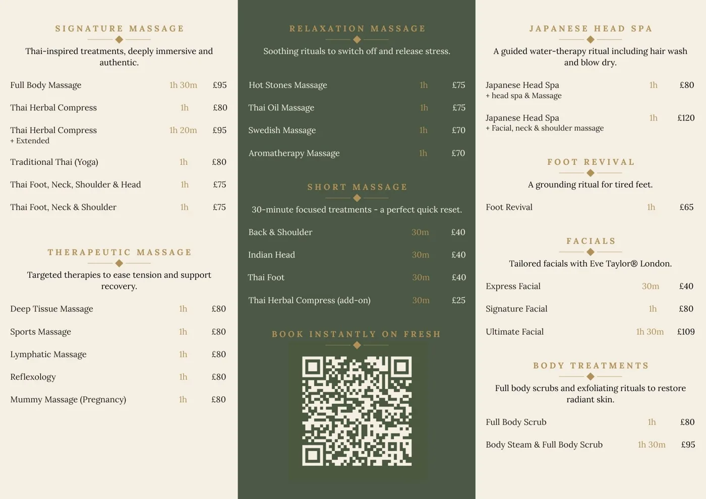 Chatchaya Spa treatment menu with prices — massage, Japanese Head Spa, facials and body treatments